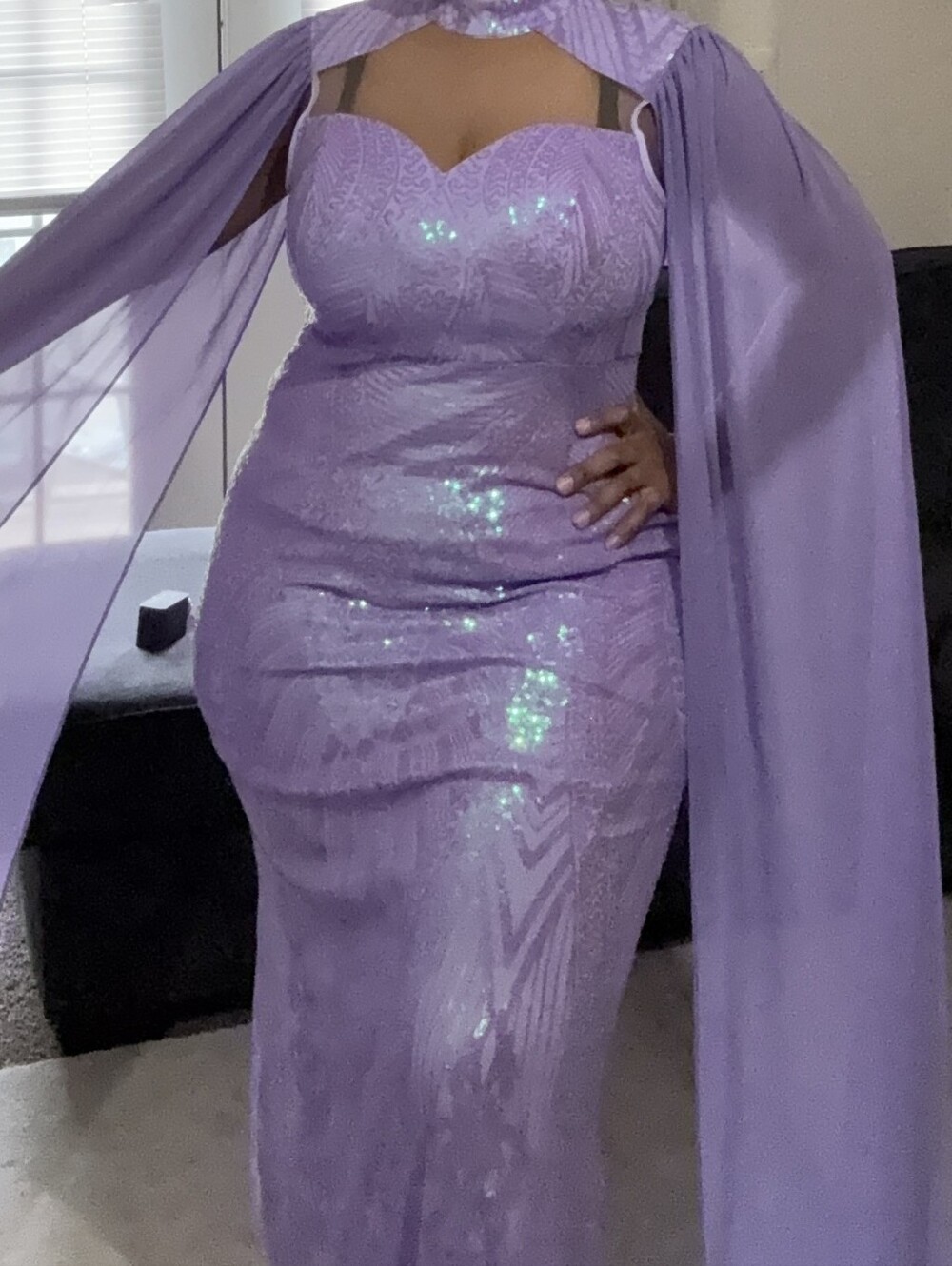 Elegant Lavender Sequin Cape Dress by